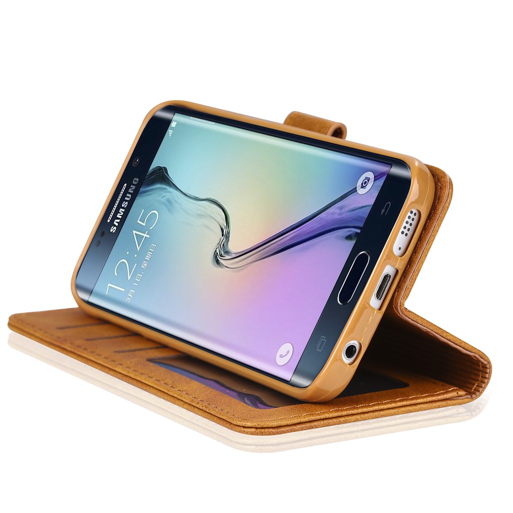 Bao da màu trơn có nắp gập kiêm giá đỡ có ngăn đựng thẻ kèm dây đeo tiện lợi cho Samsung Galaxy S6 S6 Edge