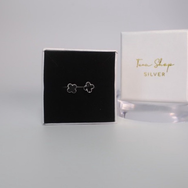 Khuyên tai bạc cỏ 4 lá đen, Hoa tai nữ bạc cỏ may mắn, TUNA SILVER CAM KẾT CHUẨN BẠC