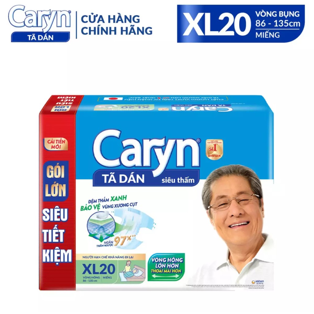 Tã Bỉm Dán Người Lớn Caryn Siêu Thấm Size M20,ML20,XL20 Miếng Dành Cho Người Già Hạn Chế Khả Năng Đi Lại