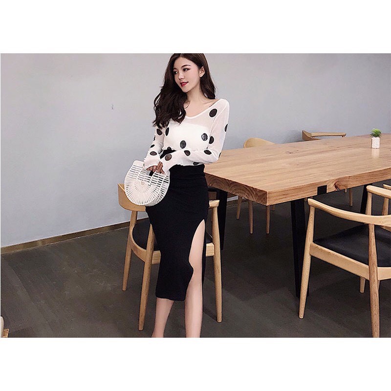 Sét váy chấm bi áo chất liệu giấy mềm chân váy sạn tàu - HÀNG XỊN - SHOP Q&amp;V