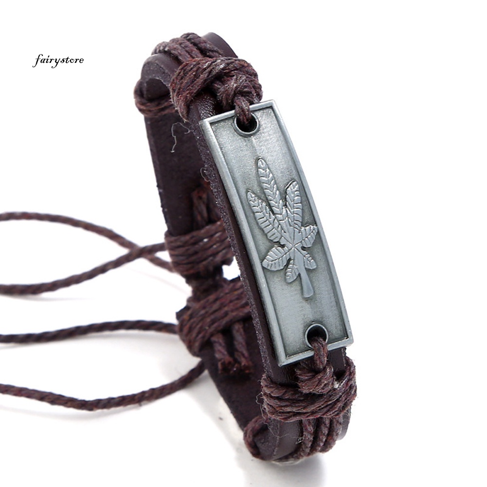 FA*Vintage Men Maple Leaf Faux Leather Bracelet Adjustable Rope Wristband Jewelry