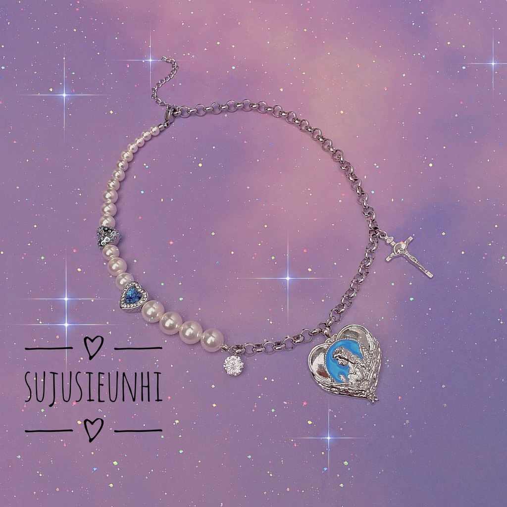 (2 mẫu) vòng cổ ngọc phối xích đính chữ thập, trái tim xanh lục bản to