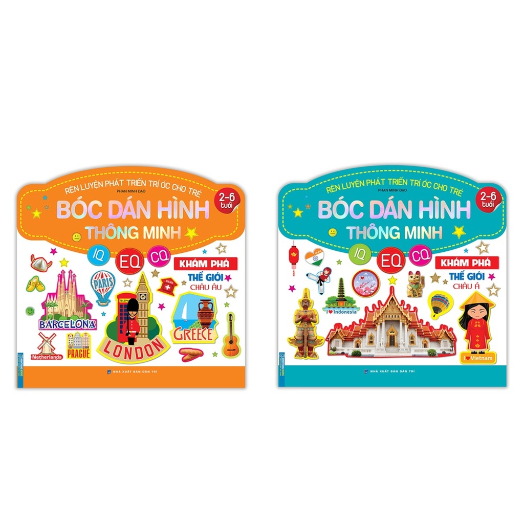 Sách - Combo 2 cuốn Bóc dán hình thông minh IQ - CQ - CQ (2-6 tuổi) Khám phá thế giới Châu Á - Châu Âu