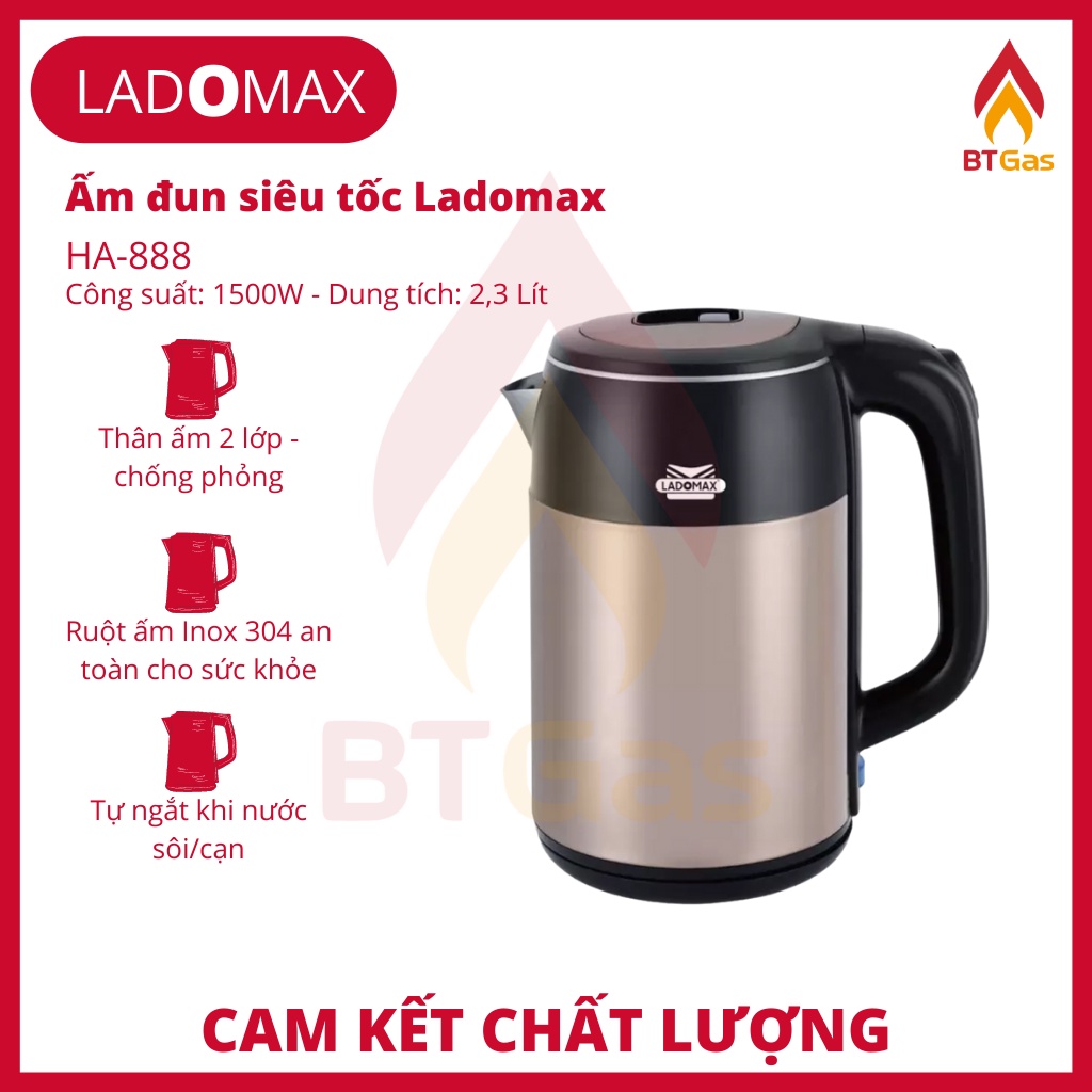 Bình đun siêu tốc, ấm siêu tốc đun nước siêu nhanh Inox 2 lớp chống phỏng Ladomax HA-888 2.5L