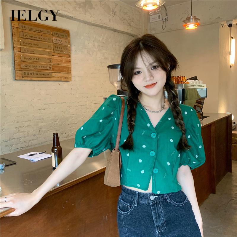 Áo kiểu IELGY cổ chữ V tay ngắn in họa tiết hoa cúc phong cách Hàn Quốc cổ điển thời trang cho nữ