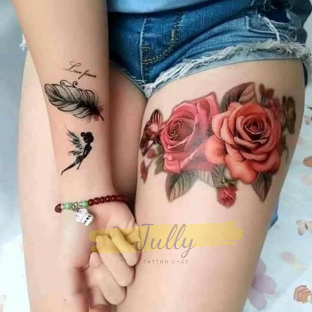 Hình xăm dán đùi hoa hồng mẫu lớn mã 88 JUULY tattoo, xăm tạm thời 15 ngày chống nước, tặng kèm 5 tấm xăm nhỏ