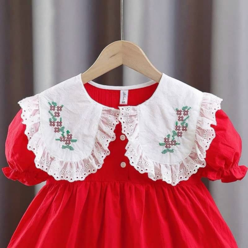 VÁY BABYDOL ĐỎ CỔ TRẮNG IN HOA CHO BÉ