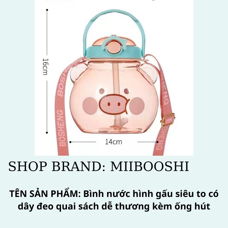 Bình nước hình gấu siêu to có dây đeo quai sách dễ thương kèm ống hút MIIBOOSHI D2.089.XA