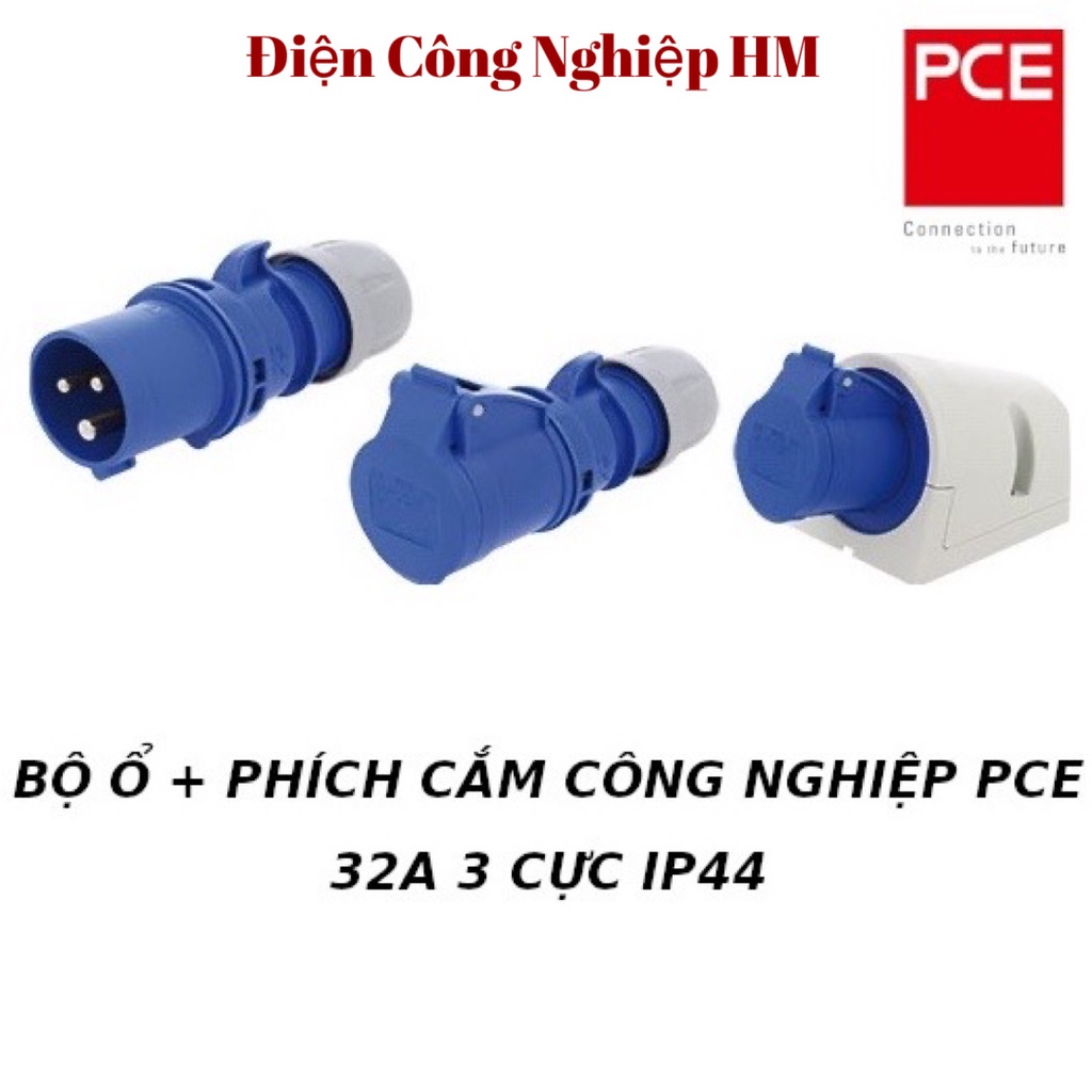 Ổ phích cắm công nghiệp 32A 1 pha 3 chân di động và cố định PCE - Hàng Chính Hãng, Bộ ổ phích 1 pha, 3 chấu IP44