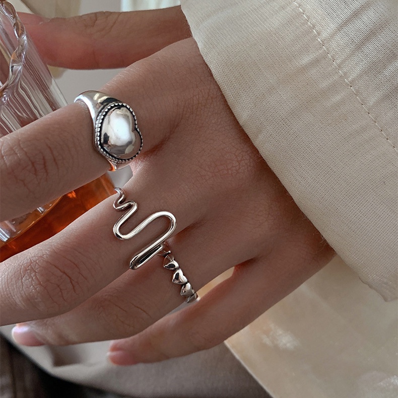 Set 3 nhẫn bạc iF YOU kiểu gợn sóng trái tim phong cách Hàn Quốc cho nữ