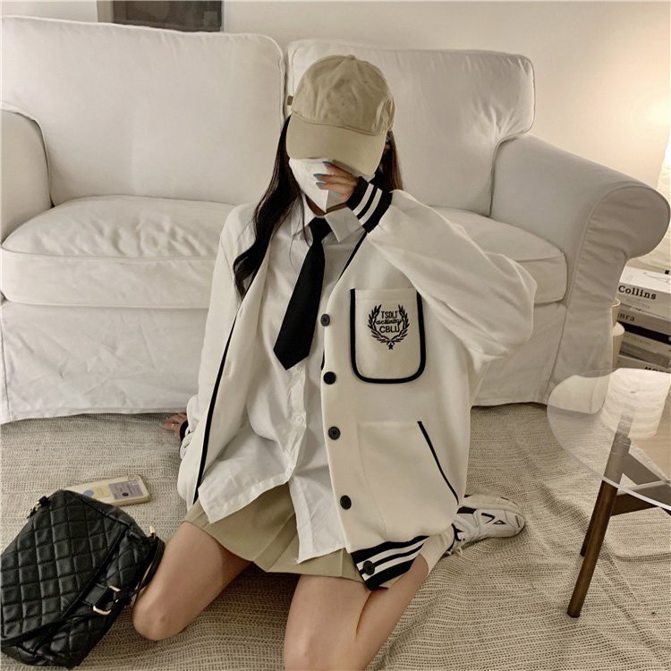 Áo khoác nỉ bóng chày unisex Cheapy màu đen trắng cài cúc form rộng ulzzang cá tính nam nữ C494