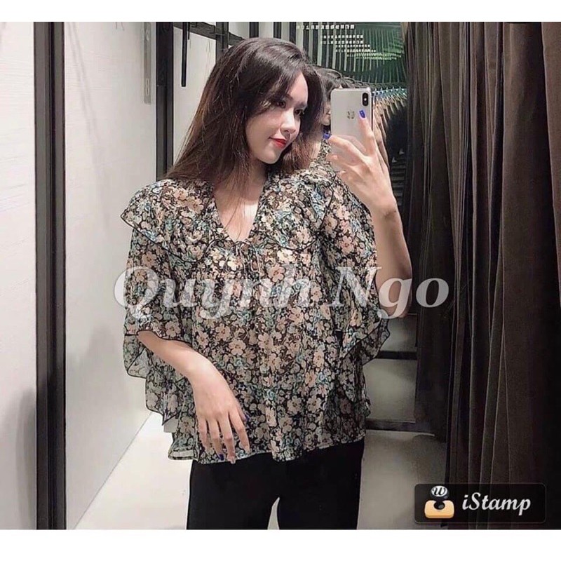 [FREESHIP - HÀNG LOẠI 1] ÁO VOAN HOA XANH TAY LOE CỰC XINH