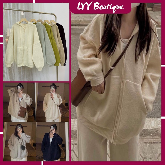 Áo khoác nữ dáng Ulzzang chất len dày mềm Quảng Châu, Áo khoác hoodie len khóa kéo có mũ LYY BOUTIQUE