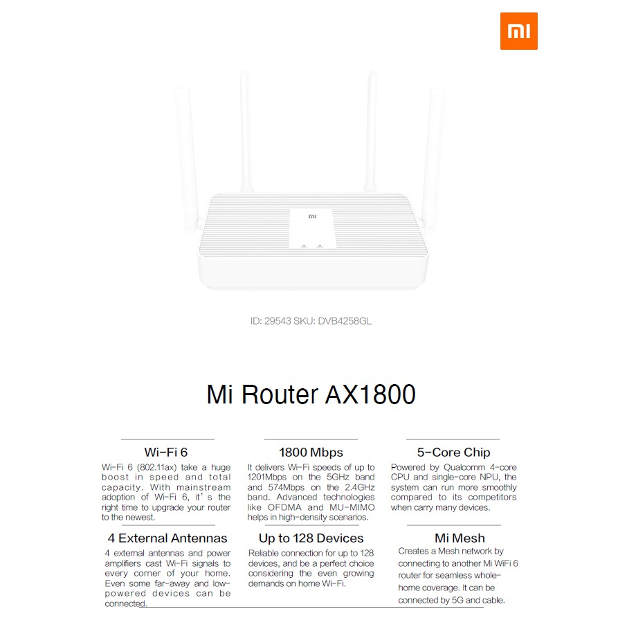 [BH 12Tháng, Bản Quốc Tế] Router Wifi Xiaomi Mi Router AX1800 5 Core, Fast WiFi 6, 256 MB Mesh networking (DVB4258GL)