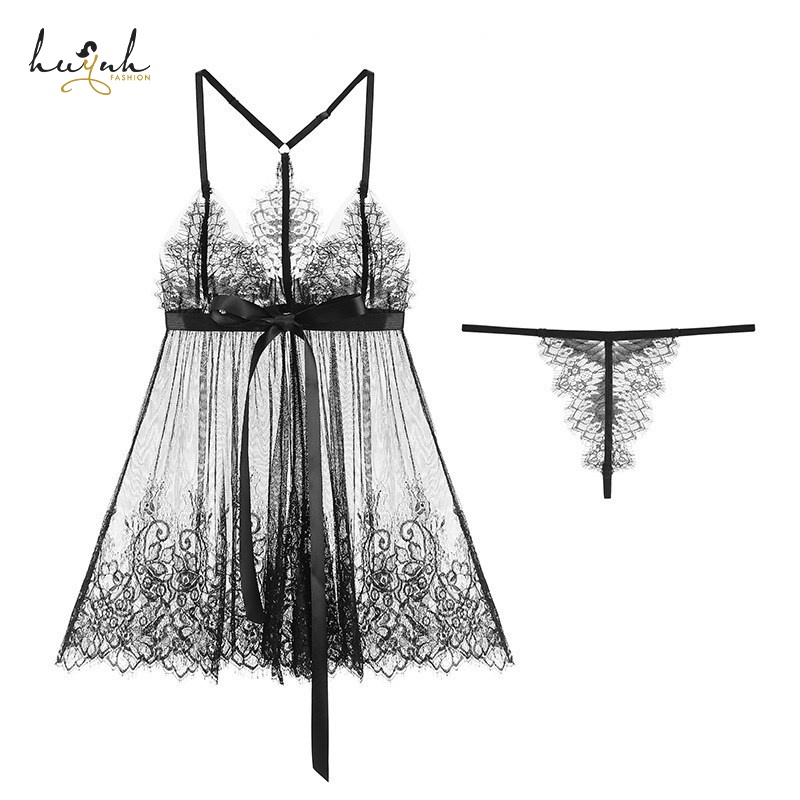 Váy Ngủ Ren Xuyên Thấu Xẻ Tà Trước Phối Nơ Sexy Gợi Cảm - N38