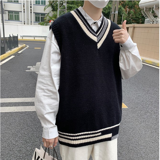 Áo gile len nam form rộng thời trang unisex Hàn Quốc 2021, Áo len không tay gile nam cổ V phối lệch đi học