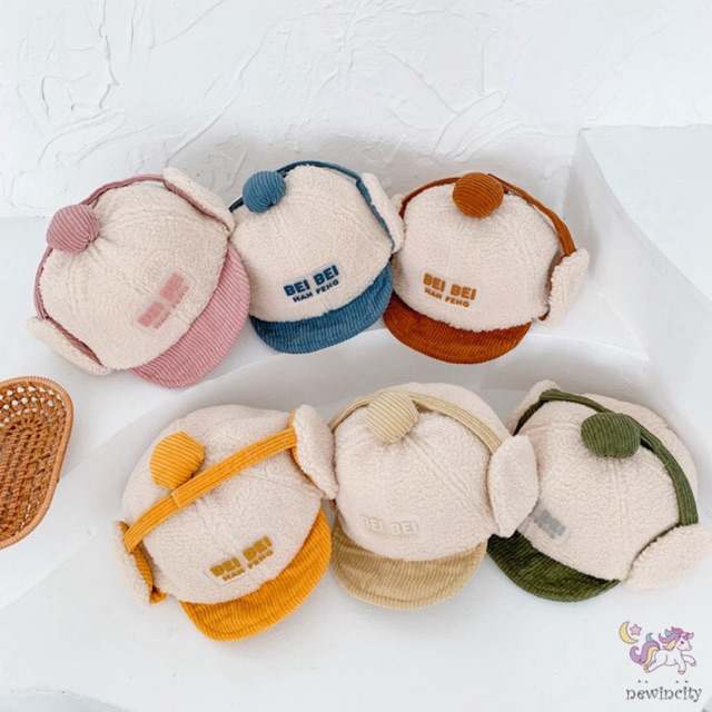 Mũ lông cừu thiết kế có vành tai in chữ phong cách Hàn Quốc thời trang dễ thương cho bé