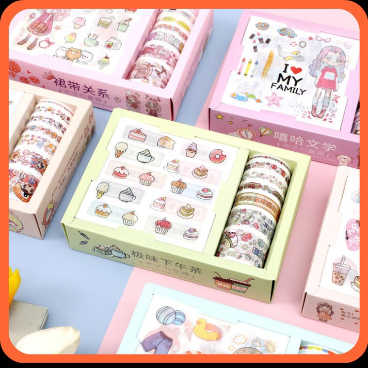 Hộp sticker dán vở siêu đẹp tặng bạn dễ thương, chứa nhiều băng dính cute cho bé ngày sinh nhật