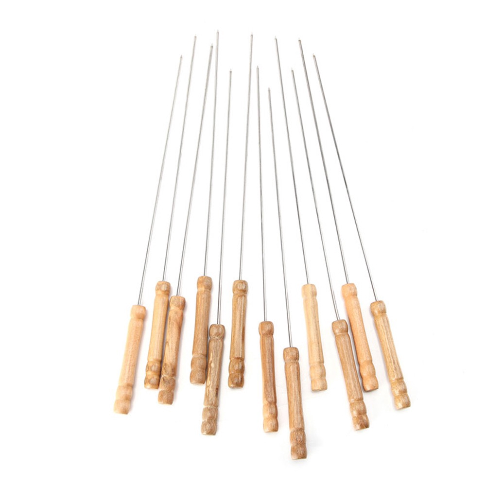 Set 12 cây xiên que thép không rỉ tay cầm gỗ nướng BBQ tiện dụng