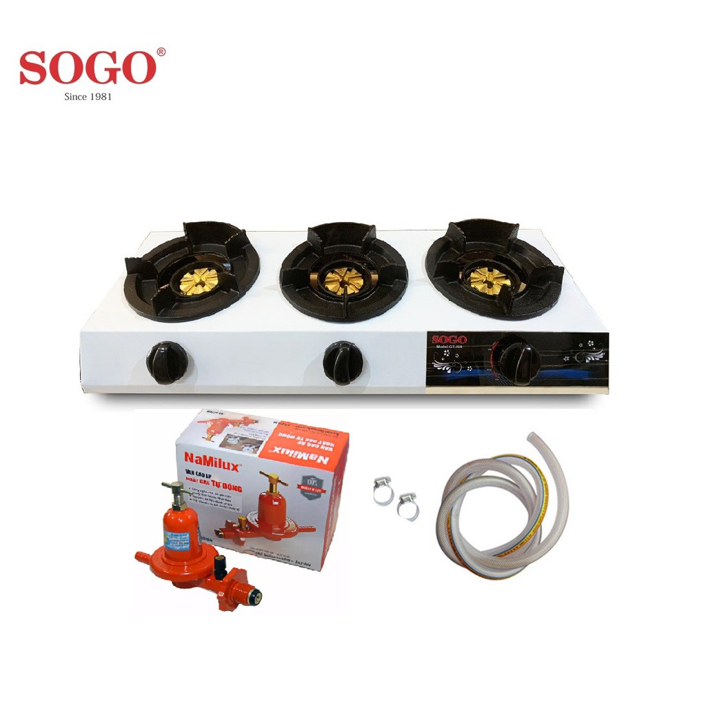 Combo Bếp khè gas 3 lò bán công nghiệp SOGO GT-208S3 +Van Gas Cao Áp Namilux NA-537SH và 1,5m Dây