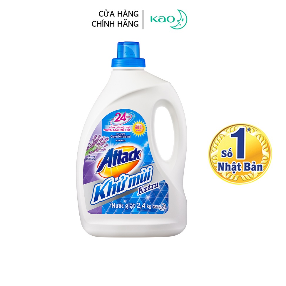 [Mã FMCGKAO52 giảm 8% đơn 250k] Nước giặt Attack Khử Mùi Extra Hương Oải Hương Chai 2.4kg, xanh dương sọc tím