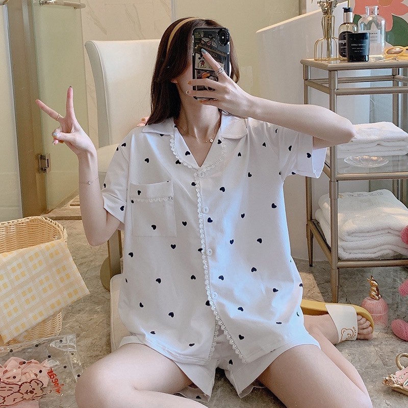 [HÀNG ORDER 3 NGÀY]  🔆  Bộ đồ ngủ Trắng áo sơ mi kèm quần vải Cotton in Hình trái tim xinh xắn hàng Quảng Châu cao cấp