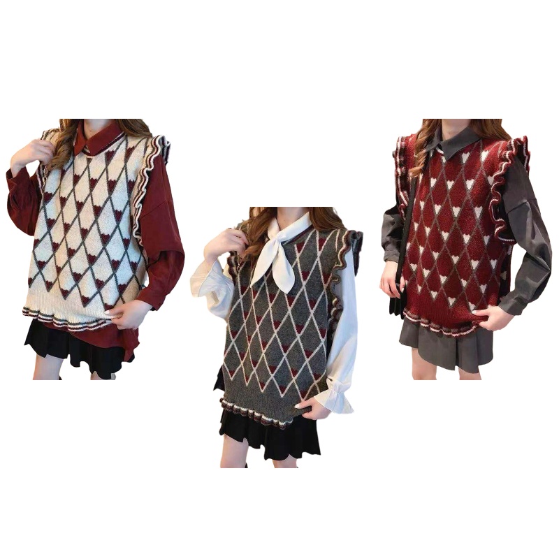 Áo Sweater Dệt Kim Sát Nách Dáng Rộng Họa Tiết Kẻ Sọc Phối Bèo Dễ Thương Cho Nữ