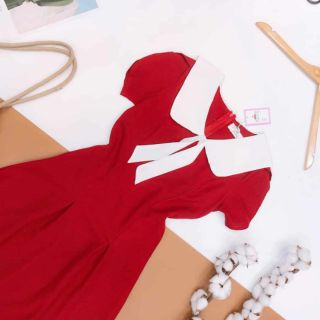 Đầm váy đỏ xoè chiết eo cổ peter pan trắng