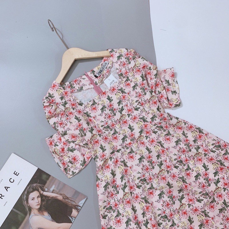 VNU220 - VÁY HOA HỒNG LÁ XANH CỔ VUÔNG TAY NHÚN | BigBuy360 - bigbuy360.vn