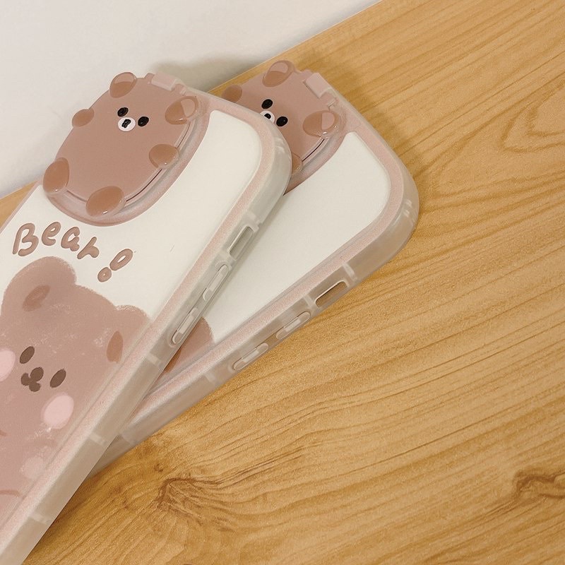 Ốp lưng iphone mềm dẻo viền bo tròn chống sốc có gương che bảo vệ camera bé gấu cute màu nâu và be