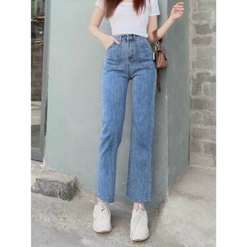 Quần jeans bigsize ống suông Lưng Siêu Cao - Form Chuẩn Hack Dáng Che Đùi Bự, Bụng Bự