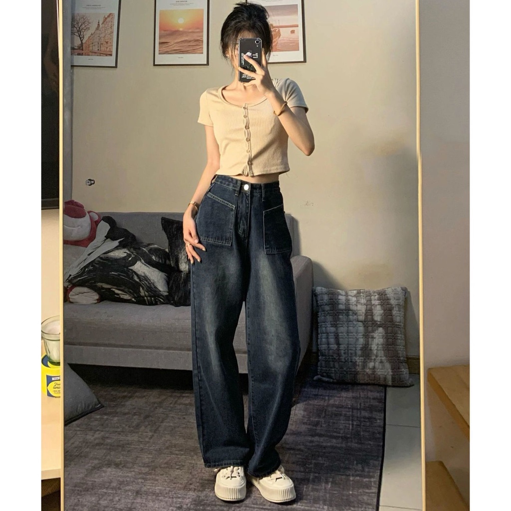 Quần Jeans Lưng Cao Ống Rộng Phong Cách Đường Phố Mùa Hè Cho Nữ