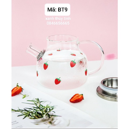 Ấm thuỷ tinh dâu tây 1000ml nắp inox (BT9.2)