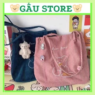 Túi tote vải nhung gân cúc bấm họa tiết Gấu xinh phong cách Hàn Quốc cao cấp