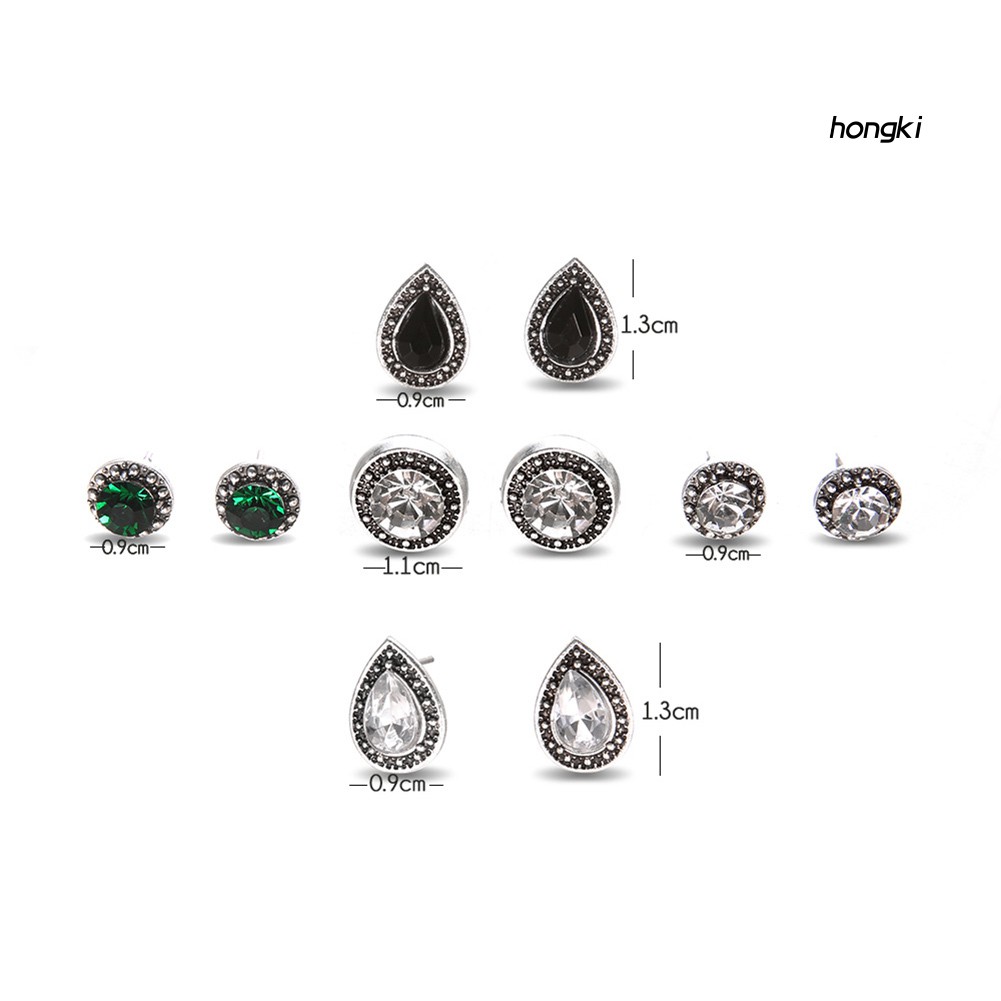 Set 5 đôi khuyên tai hình tròn/hình giọt nước đính đá giả phong cách retro thời trang cho nữ