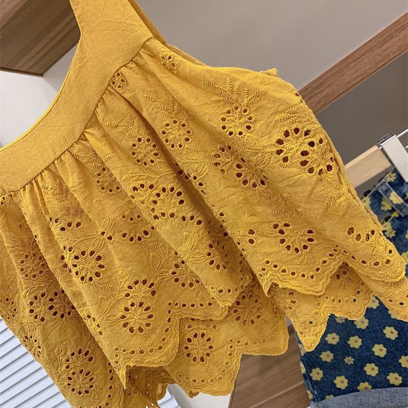 Bộ Áo Thun Không Tay Thêu Hoa + Chân Váy Xòe Hai Dây Phong Cách Hàn Quốc Thời Trang Mùa Hè 48H Cho Bé Gái