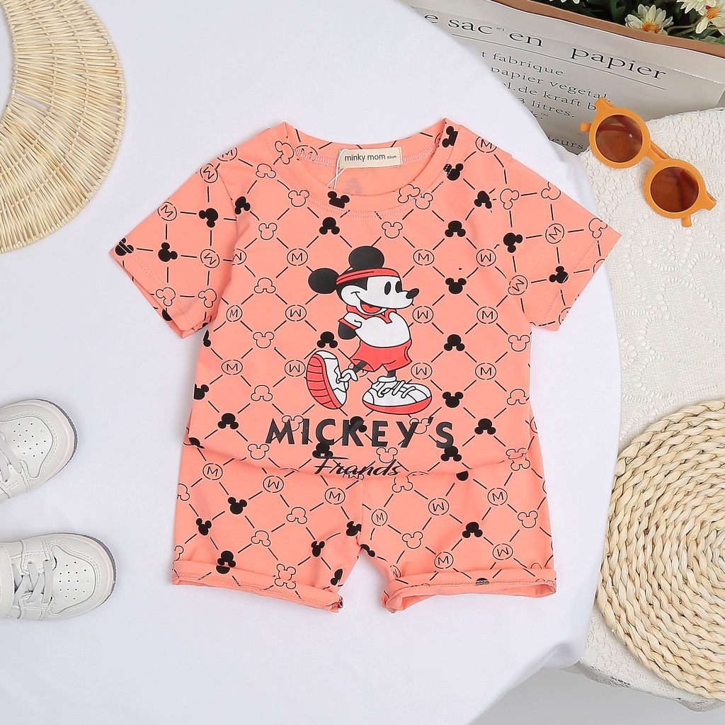 Bộ cộc tay cotton 4 chiều minky mom cho bé trai bé gái hình in meckey thương hiệu size 7 đến 27 cân