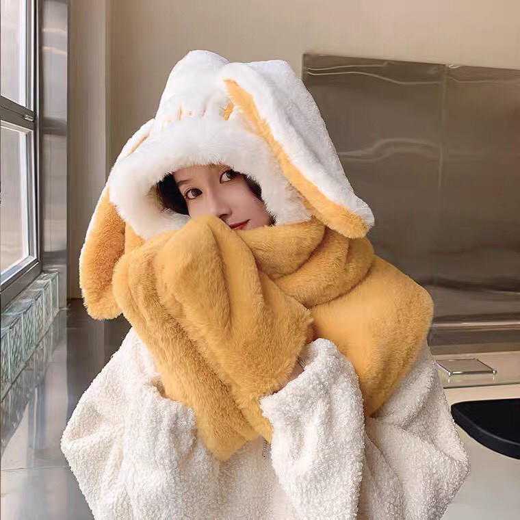 Mũ tai thỏ lông cừu, mũ len nữ kèm khăn quàng cổ và găng tay siêu ấm áp - Sale