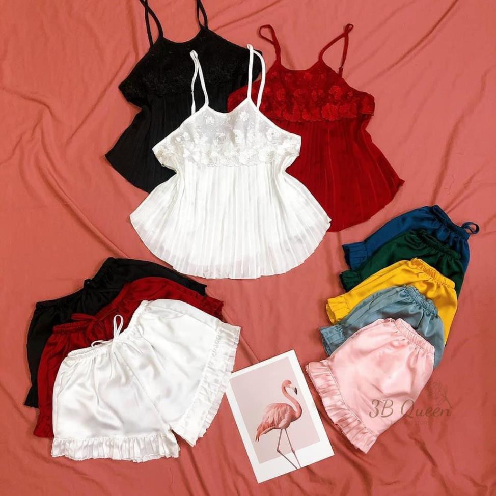 Bộ ngủ Áo yếm 2 dây dập ly phối ren, chất liệu lụa satin cao cấp, kèm quần bèo gợi cảm | BigBuy360 - bigbuy360.vn