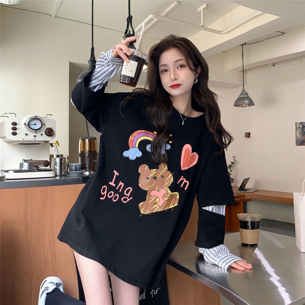 Áo Thun Tay Dài Kẻ Sọc Giả Hai Lớp Phong Cách Hàn Quốc Thời Trang 2022