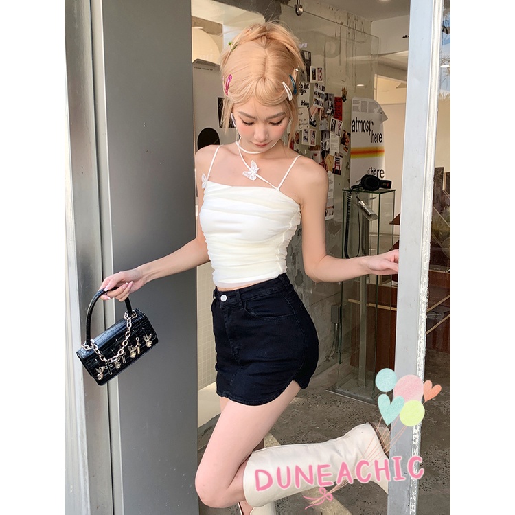 DUNEA Set Áo Tank Top Hai Dây Xếp Ly Họa Tiết Bướm Và Chân Váy Đen Thời Trang Cho Nữ