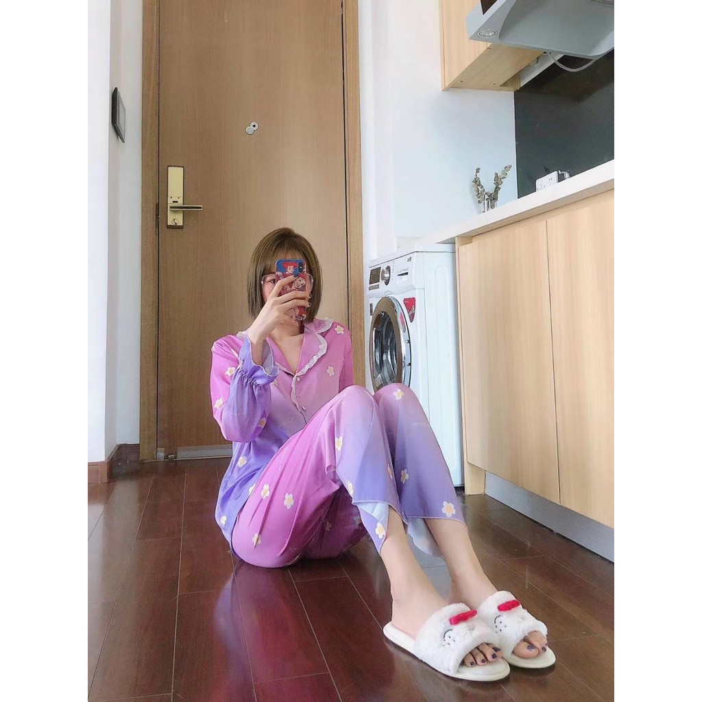 Đồ mặc nhà cao cấp- Bộ đồ ngủ pijama lụa cao cấp quần dài tay dài công chúa bánh bèo hàng đẹp chuẩn