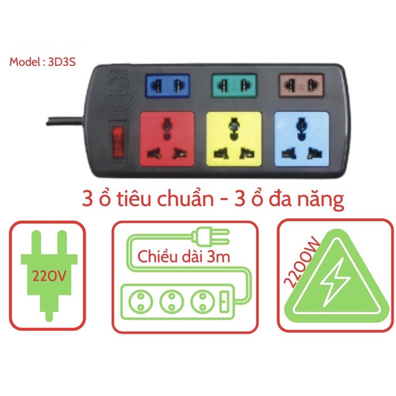 Ổ cắm điện LIOA 3 lỗ có công tắc, dây dài 5m, 3m