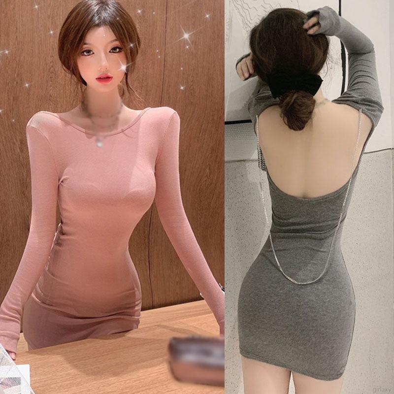 Đầm Body Cho Nữ Dài Tay Cổ Tròn Hở Lưng Gợi Cảm