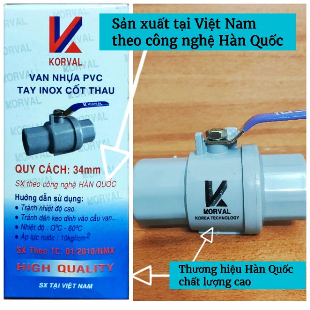 Van nhựa 34mm (∅34) KORVAL tay cầm inox cốt thau - Sản xuất theo công nghệ Hàn Quốc