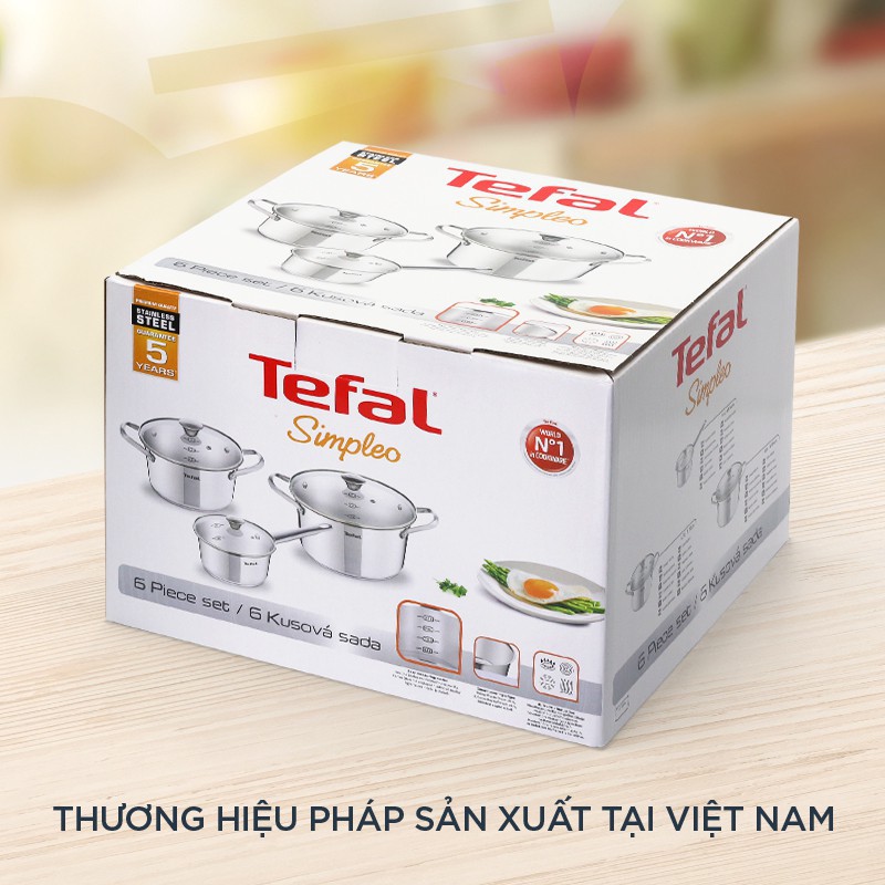 Tefal- Bộ Inox Simpleo B907S644 đẹp đến nao lòng gồm quánh size 16cm, nồi size 20cm và 24cm phù hợp với mọi loại bếp