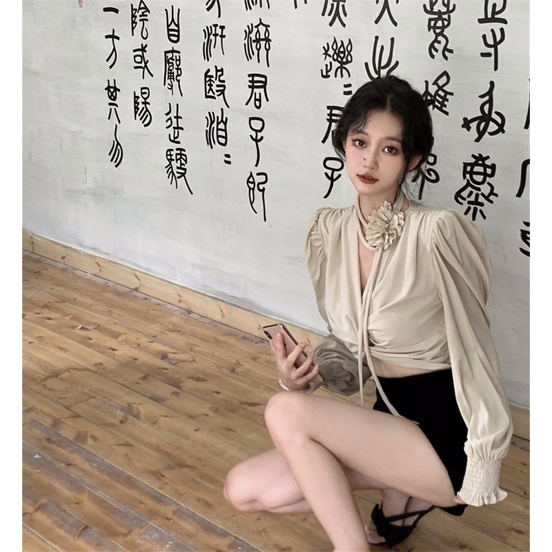 Áo Hoa Tay Phồng Cổ Chữ V Thời Trang Quyến Rũ Cho Nữ