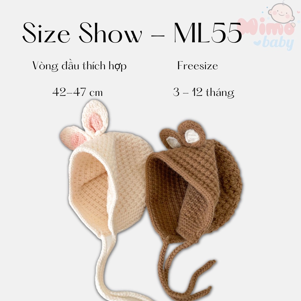 Mũ len cột dây tai thỏ nhọn đáng yêu cho bé 3-12m Mimo baby ML55