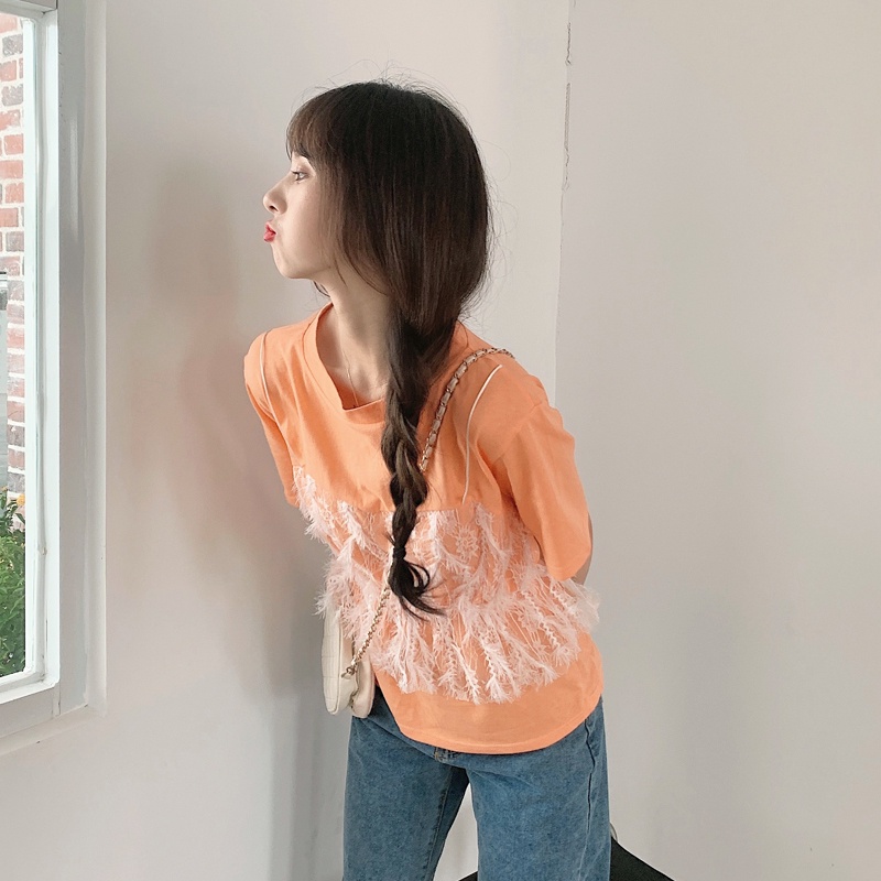 SUXI Áo Thun Nữ Ngắn Tay Phối Ren Thời Trang