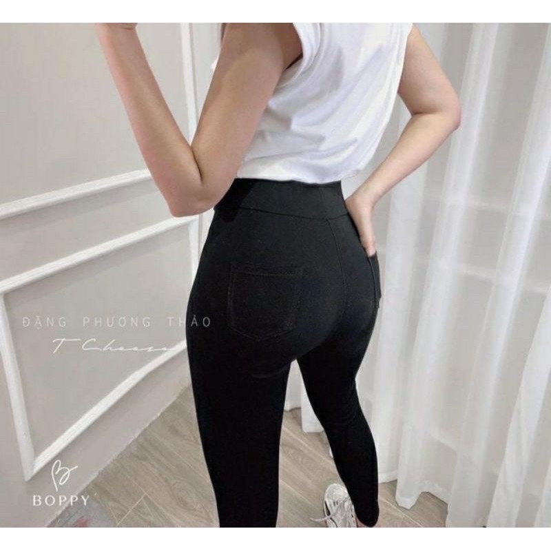 Quần legging nữ cạp cao có túi nâng mông cạp chun quần  đen dài co giãn gen bụng vải cotton ARA Q3
